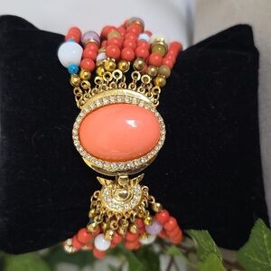 Vintage Coral Multi Strand Bracelet With Gold Clasp